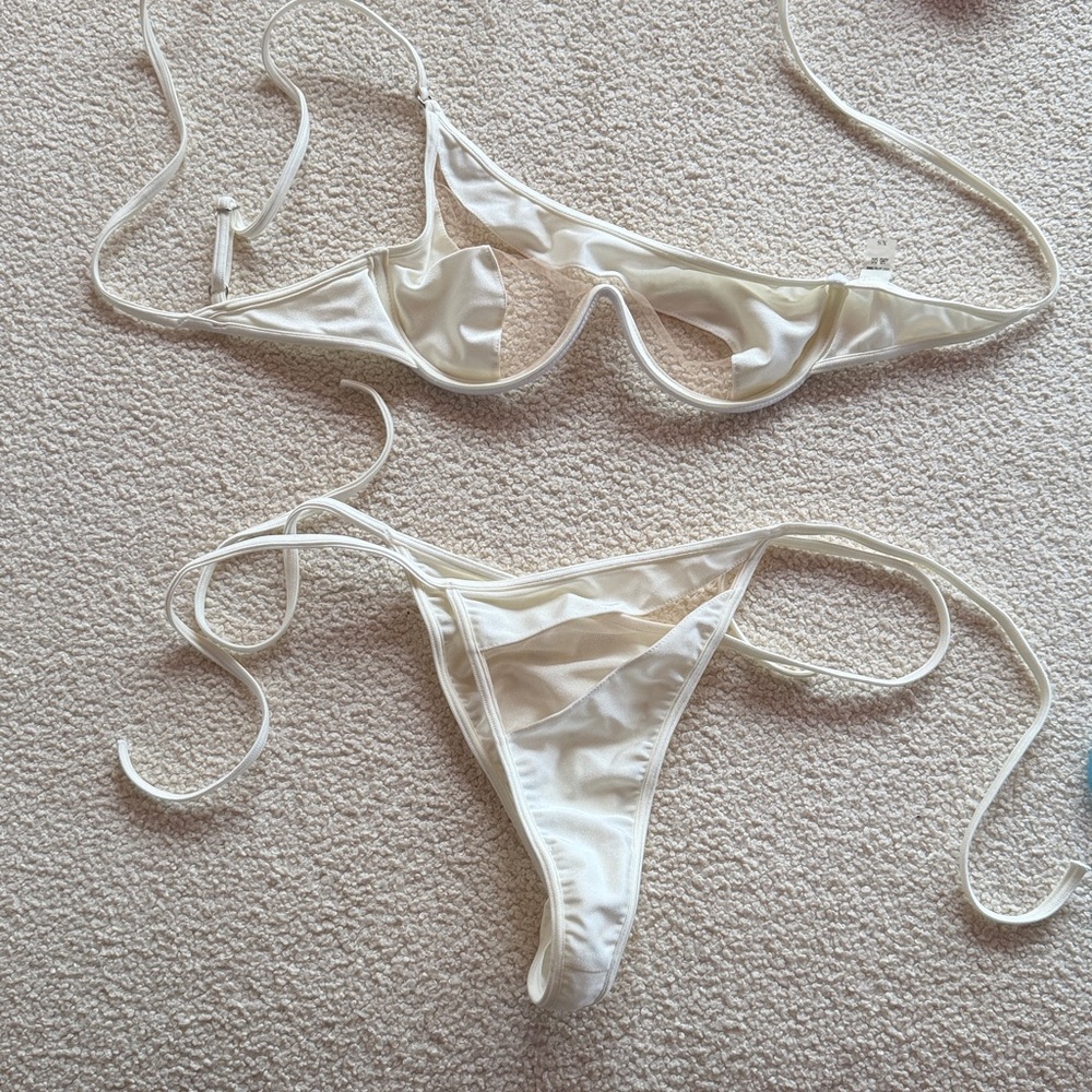 New god save queens white mesh one shoulder bikini set XS